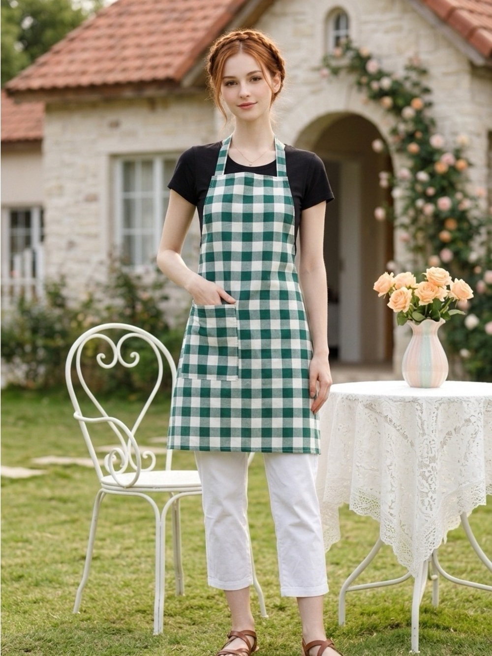 2012 - Green and White Gingham Kitchen Apron - Handmade